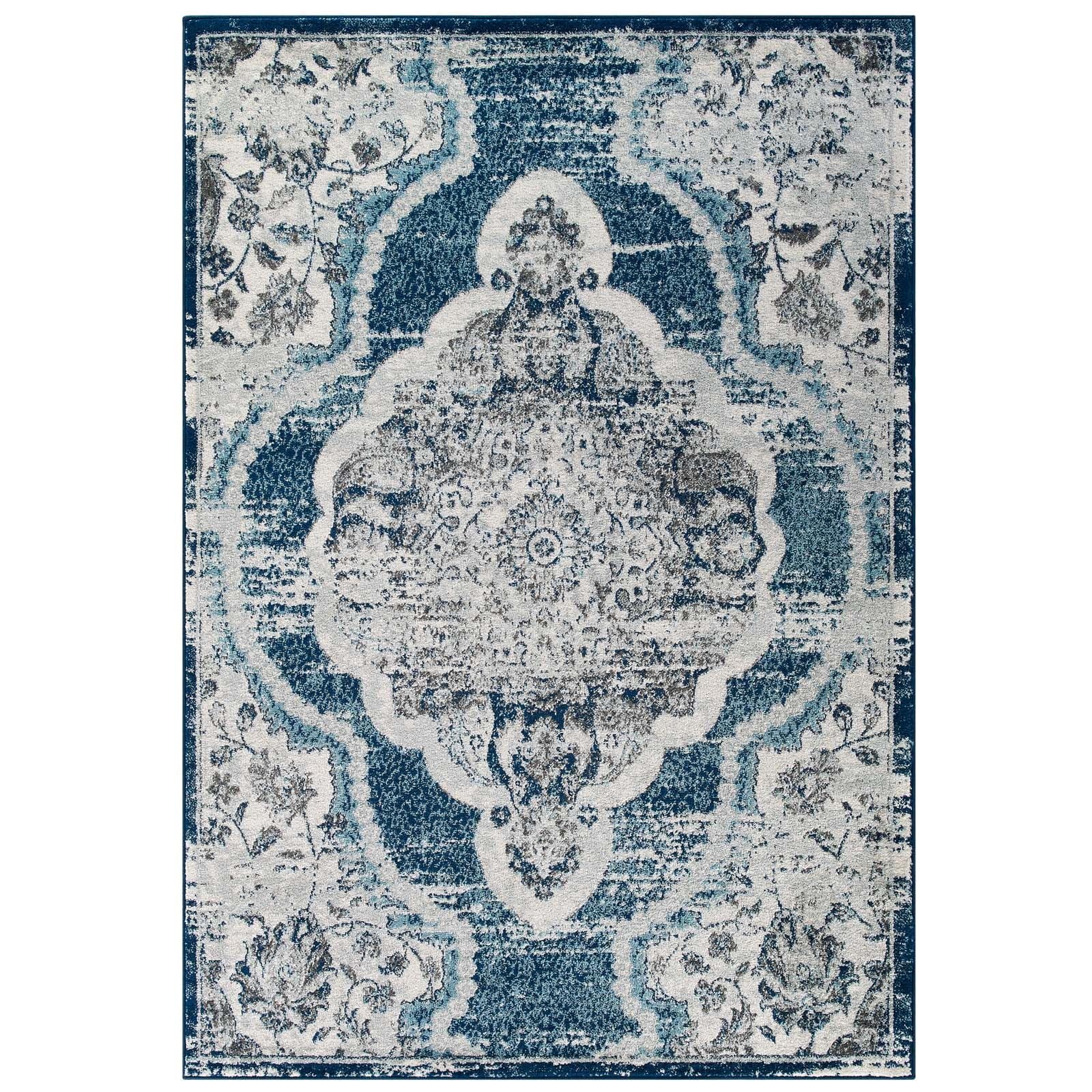 Modway Entourage Malia Distressed Vintage Floral Persian Medallion Area Rug, 5X8, Ivory And Blue